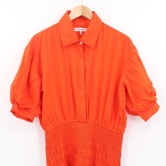 Frame Women's Smocked Mini Dress Bishop Sleeves Mandarin Orange Sz M NEW - Picture 3 of 8
